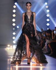A model walks the fashion runway in a black lace gown with a high slit, illuminated by a dramatic spotlight, capturing the essence of elegance and sophistication.