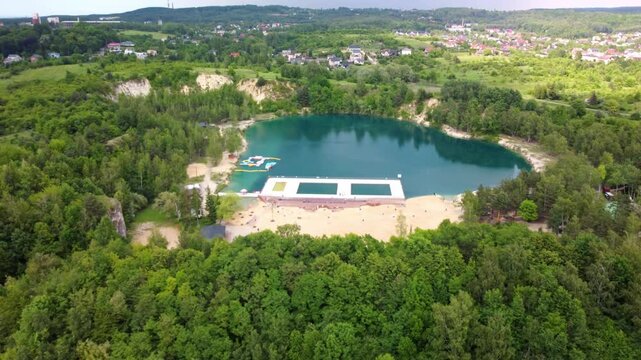 Aerial View Over Balaton Przystań Natural Swimming Pool In Trzebinia, Poland - Drone Shot