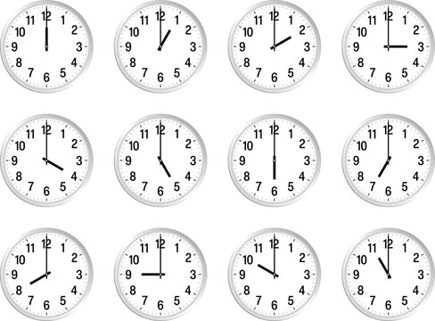 Vector illustrations of analog clocks showing each hour from 1:00 to 12:00