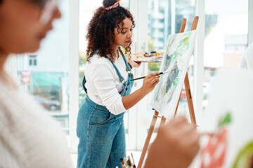 Workshop, woman and artist with canva for painting, creativity and drawing sketch with watercolor. Art studio, perspective and talent of person with paintbrush, texture or inspiration class for hobby © TasJam/peopleimages.com