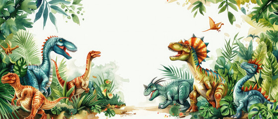 Detailed birthday invitation for a dinosaur animal themed party featuring dinosaur creatures with a white blank center