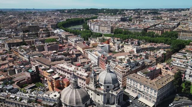 Piazza del Popolo in the middle of the day in Summer. Rome, Italy. Drone Shot