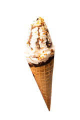 Ice cream with nuts and chocolate isolated on white background.