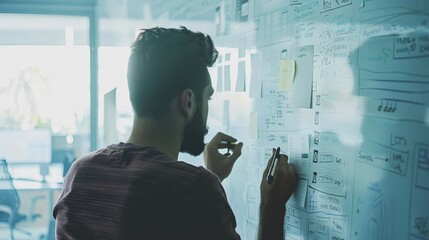 Young entrepreneur brainstorming business ideas, writing on a whiteboard