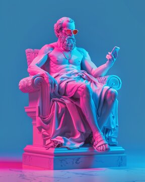 Naklejki A classic marble statue of a seated figure, wearing modern red sunglasses and holding a smartphone, representing a blend of classical art and modern technology.