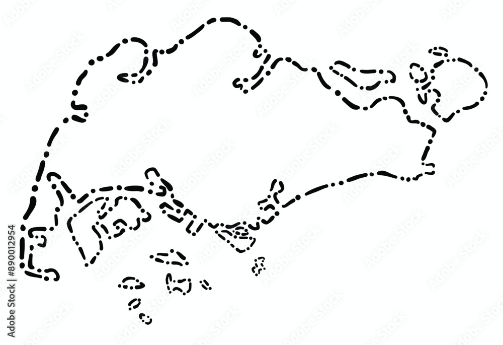 Poster doodle freehand dash line drawing of singapore map.