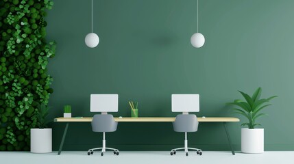 Advanced biophilic design in an office space, featuring green walls and smart planters, enhancing the workspace with technology-driven plant care, flat design illustration