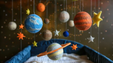 Felt solar system mobile hanging above a baby crib, featuring stars, planets, and the moon. An eco-friendly and educational toy for infants, promoting early science learning.