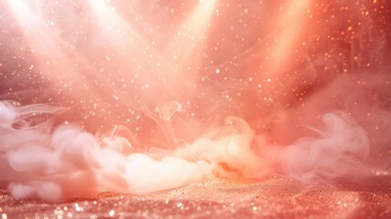 Fototapeta premium Peach-hued background with ethereal smoke, soft spotlights, and sparkling gold glitter, creating a dreamy atmosphere perfect for showcasing products in a luxurious setting.