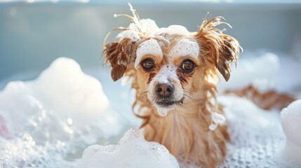 Adorable fluffy dog in a bubble-filled bath, enjoying a grooming session with soap foam playfully surrounding it, capturing the joy of pet care.