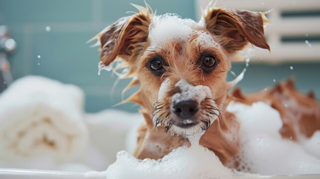 Adorable fluffy dog in a bubble-filled bath, enjoying a grooming session with soap foam playfully surrounding it, capturing the joy of pet care.