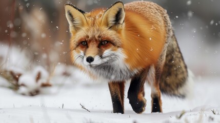 Fototapeta premium A vivid wildlife scene of a red-furred fox navigating the winter wilderness, showcasing the beauty and resilience of nature.