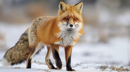 Fototapeta premium A vivid wildlife scene of a red-furred fox navigating the winter wilderness, showcasing the beauty and resilience of nature.
