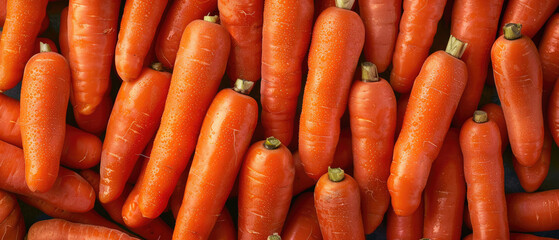 View of a bunch of fresh raw Carrots vegetables with neatly stacked arranged from above on a wide flat textured background pattern