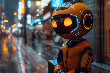 A robot standing on a city street at night, illuminated by streetlights.