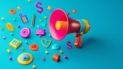 Vibrant  megaphone various marketing buzzwords like SEO social media  public relations Concept Marketing Trends