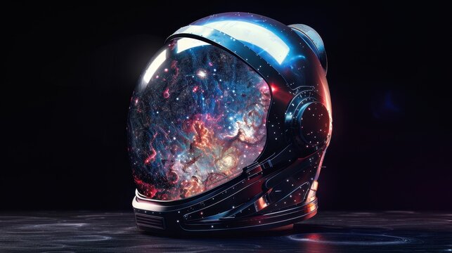 A creative depiction of a helmet filled with a galaxy-like design, blending space exploration with artistic imagination in vivid detail.
