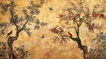 An ancient Chinese Gongbi painting of trees and birds, showcasing intricate details and traditional artistic beauty.
