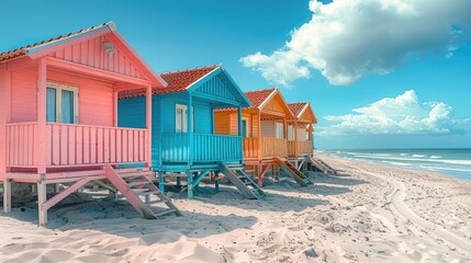 Fototapeta premium Colorful beach huts by the ocean on a tropical shore.