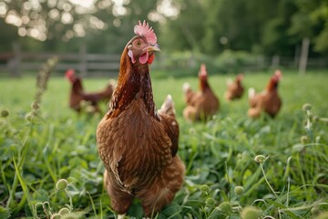 Group of hens standing on green grass in the farm
