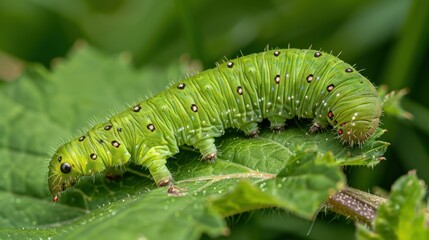 A green caterpillar crawling on a vibrant green leaf, showcasing the beauty of nature.
