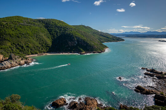 knysna heads, aerial view of the famous featherbed headland coastal nature reserve, garden route, south africa