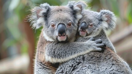 Obraz premium A cute baby koala clinging to its mother, capturing a tender moment in the animal kingdom.