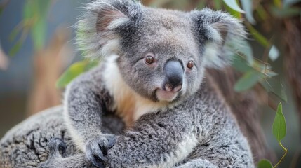 Obraz premium A cute baby koala clinging to its mother, capturing a tender moment in the animal kingdom.