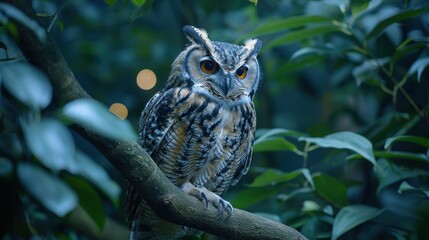 Obraz premium Beautiful owl perched on a tree branch surrounded by lush green foliage in a serene night forest, illuminated by soft moonlight.