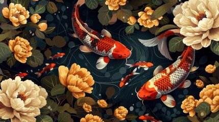 Decorative Asian background featuring koi fish and flowers, blending traditional oriental art elements seamlessly.
