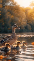 Fototapeta premium Duck and ducklings by the water capturing a peaceful and family moment in nature.