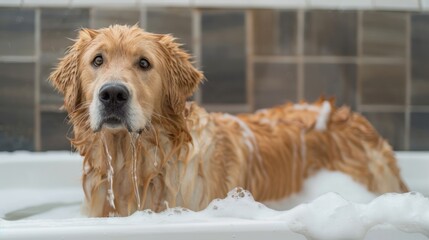 A fluffy golden retriever, soaking wet, stands in a white porcelain bathtub filled with suds and water, looking content.
