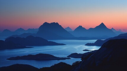 Nordic twilight showcasing silhouettes of mountains, sea, and islands, a serene and picturesque landscape