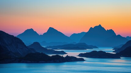 Nordic twilight showcasing silhouettes of mountains, sea, and islands, a serene and picturesque landscape