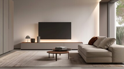 Avant-garde living room design with modular furniture, innovative lighting, and a harmonious blend of natural materials and high-tech elements