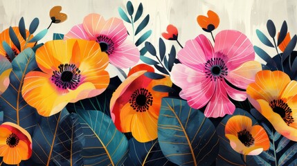 Whimsical botanical art with oversized flowers and abstract leaf patterns, creating a playful and surreal atmosphere