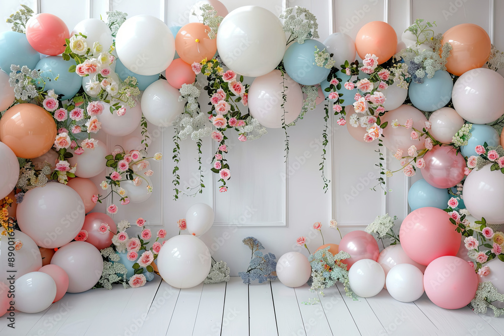 Wall mural realistic spring floral balloon wall on a white floor