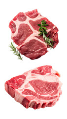 Two pieces of fresh raw meat with marbling, accented by sprigs of rosemary, ready for cooking or grilling.