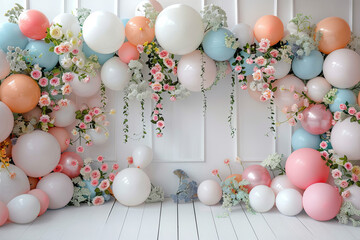 Realistic spring floral balloon wall on a white floor