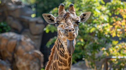 Fototapeta premium Friendly giraffe sticking out its long tongue, showcasing its curious and playful nature in a captivating wildlife photo