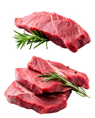 Fresh raw beef steaks with rosemary sprigs isolated on white background. Perfect for cooking and food-related projects.