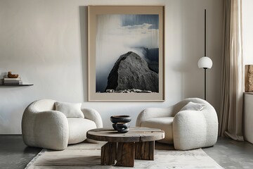 Harmonious blend of comfort and style, featuring two arm chairs in a modern living room setting a prominent framed poster on a white wall.