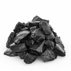 A mound of coal chunks, raw material, hyperrealistic rendering, dark black, isolated on white background