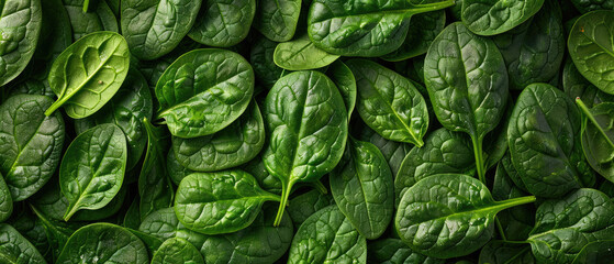 Obraz premium View of a bunch of fresh ripe Spinach vegetables with neatly stacked leaves arranged from above on a wide flat textured background