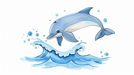 Naklejka premium Peaceful dolphin in blue and grey, watercolor illustration on white background.