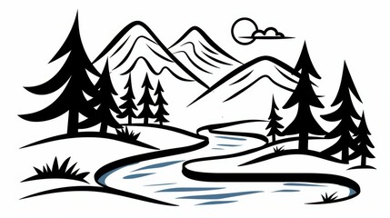 Serene line drawing of landscapes with mountains, trees, and rivers for a peaceful and detailed touch.