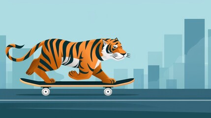 Fun cartoon illustration of a tiger skateboarding in the city