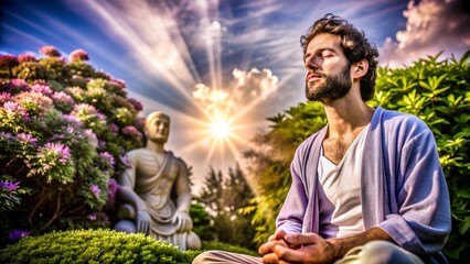 Serene Figure of a Man in Peaceful Setting with Soft Light. Perfect for: Meditation Retreats, Wellness Centers, Spa Days