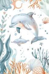Obraz premium Serene Underwater Watercolor of Playful Dolphin and Marine Life