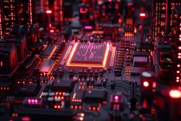 Obraz premium High tech computer chip with a glowing red brain symbolizing the integration of human intelligence with advanced computing technology